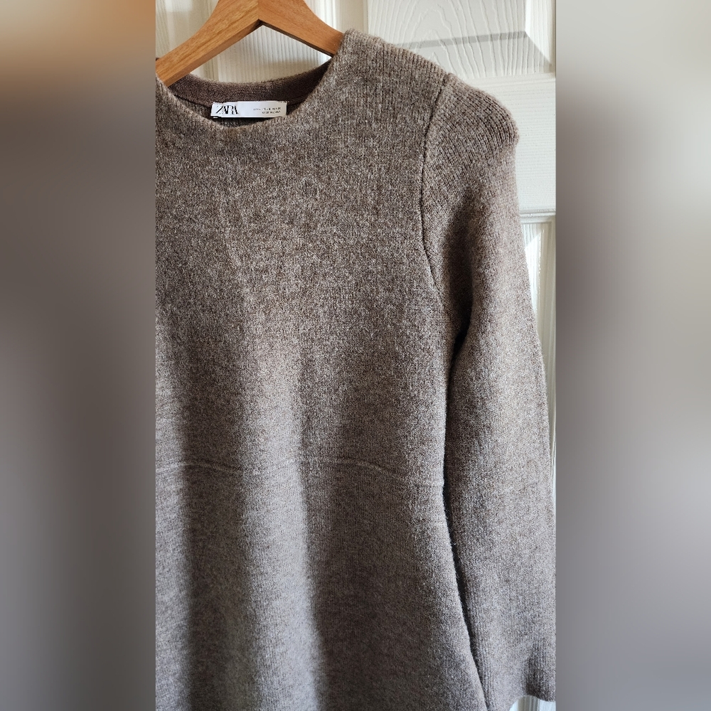 Zara Wool Taupe Crew Neck Sweater Dress